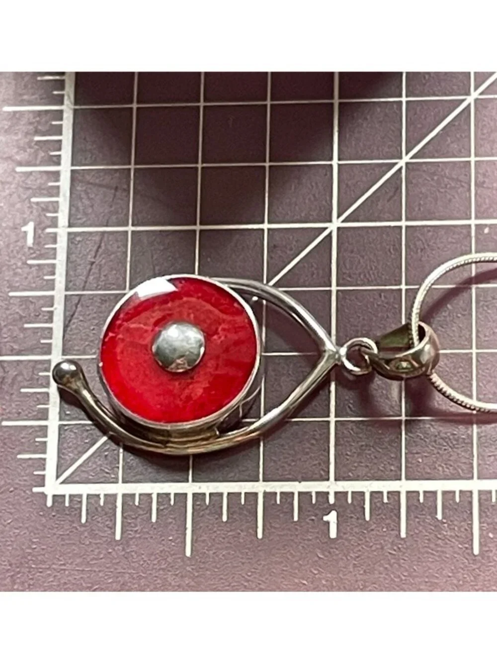 Vintage Sandy Baker Sterling Silver 925 Red Sponge Coral Disc Pendant Necklace
